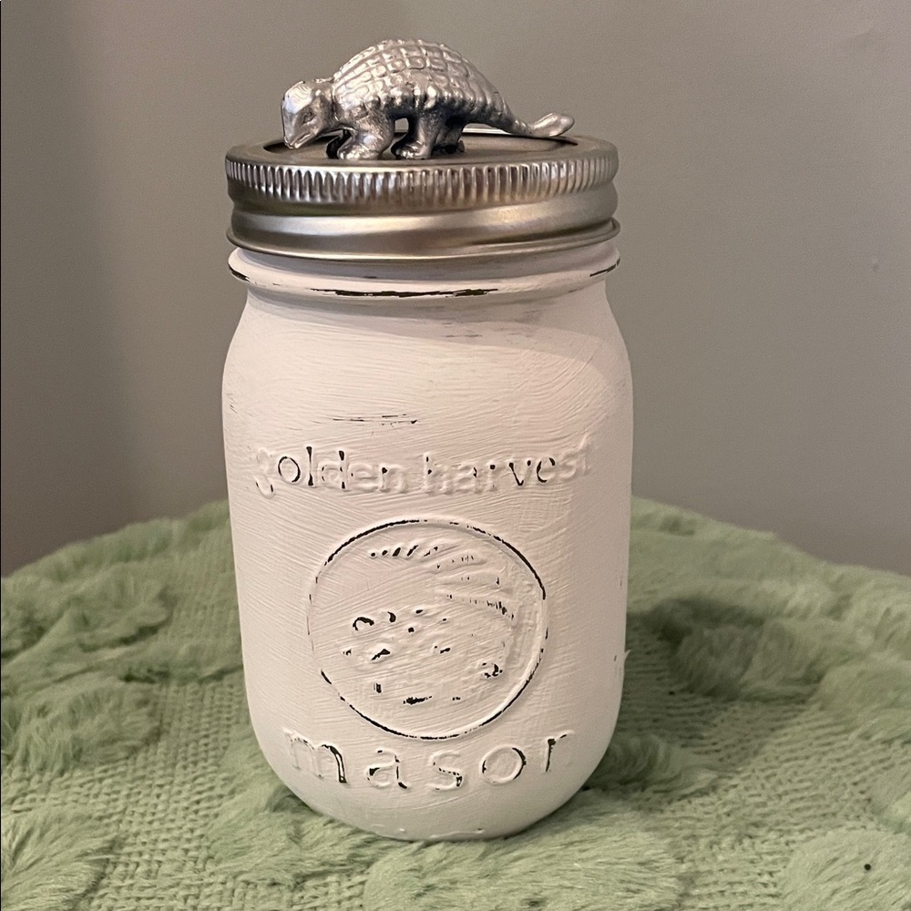 White Mason Jar with Silver Armadillo Lid